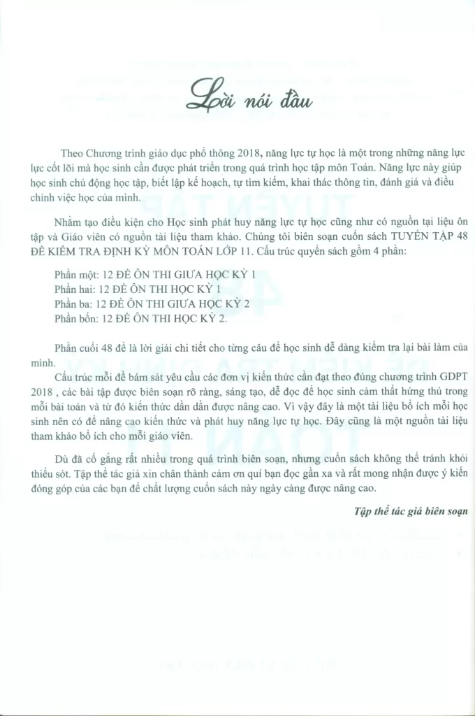 TUYỂN TẬP 48 ĐỀ KIỂM TRA ĐỊNH KỲ TOÁN LỚP 11 (Các đề thi cập nhật mới, sáng tạo và bám sát chương trình; Lời giải chi tiết, lối viết dễ hiểu, dễ đọc…)